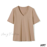 Amy Fashion - Casual Solid V-Neck T-Shirt Light Coffee / S