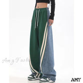 Amy Fashion - Contrast Color Women High Waist Straight Cropped Street Drawstring Tie Up Sweatpants