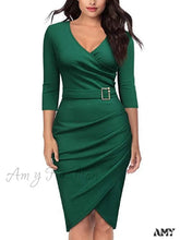 Amy Fashion - Elegant Office Formal Long Sleeves V-Tie Belt Slim Dress