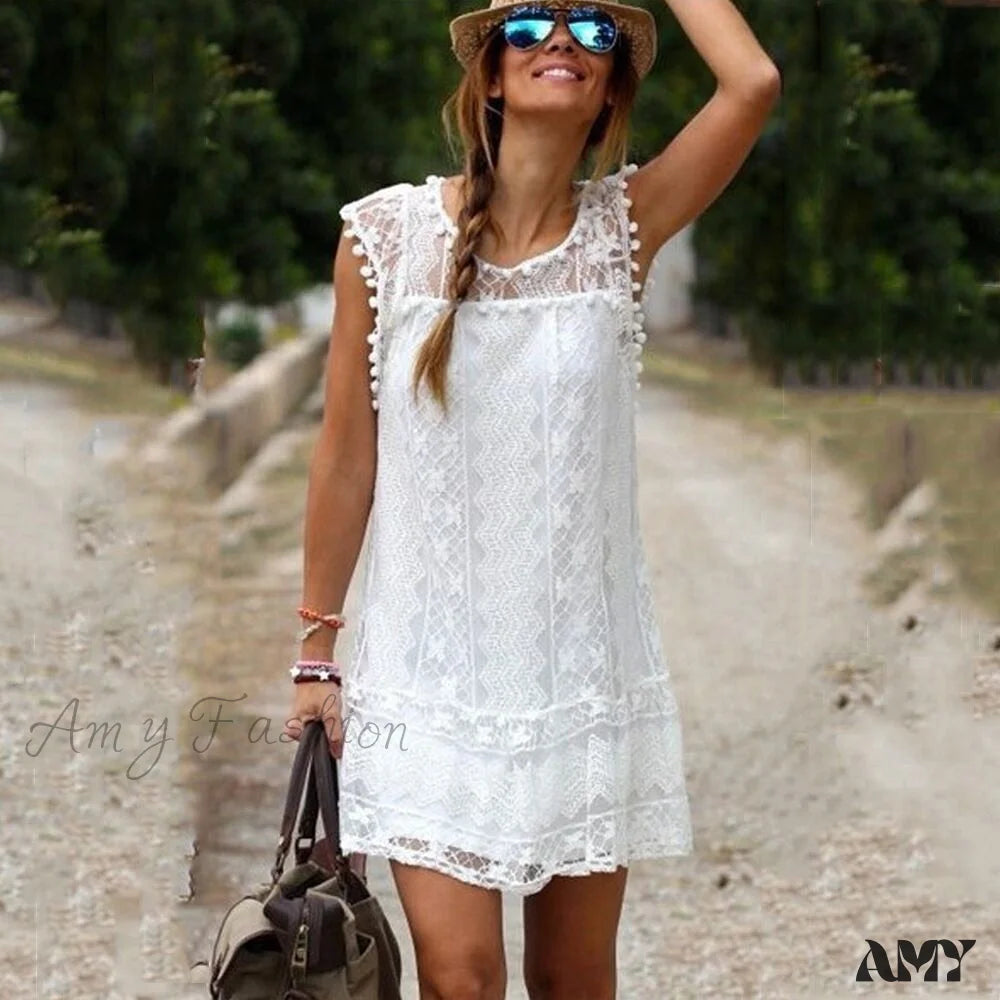 Amy Fashion - Elegant Trim Floral Hollow Out Mini Short Dress Amy Fashion - Elegant Trim Floral Hollow Out Mini Short Dress