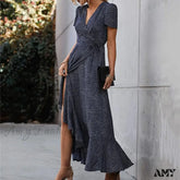 Amy Fashion - Floral Print Sexy V Neck Ruffle Hem Wrap Vintage Boho Dress