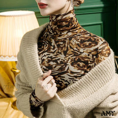Amy Fashion - High-Neck Leopard Print Mesh T-Shirt