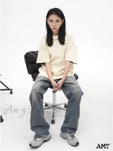 Amy Fashion - High Street Brand Made Old Wash Zipper Pocket Woodcut Vintage Loose Straight Leg Jean