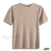 Amy Fashion - Knitted Short Sleeves Top Khaki / One Size