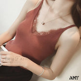 Amy Fashion - Lace V-Neck Solid Knitted Camisoles