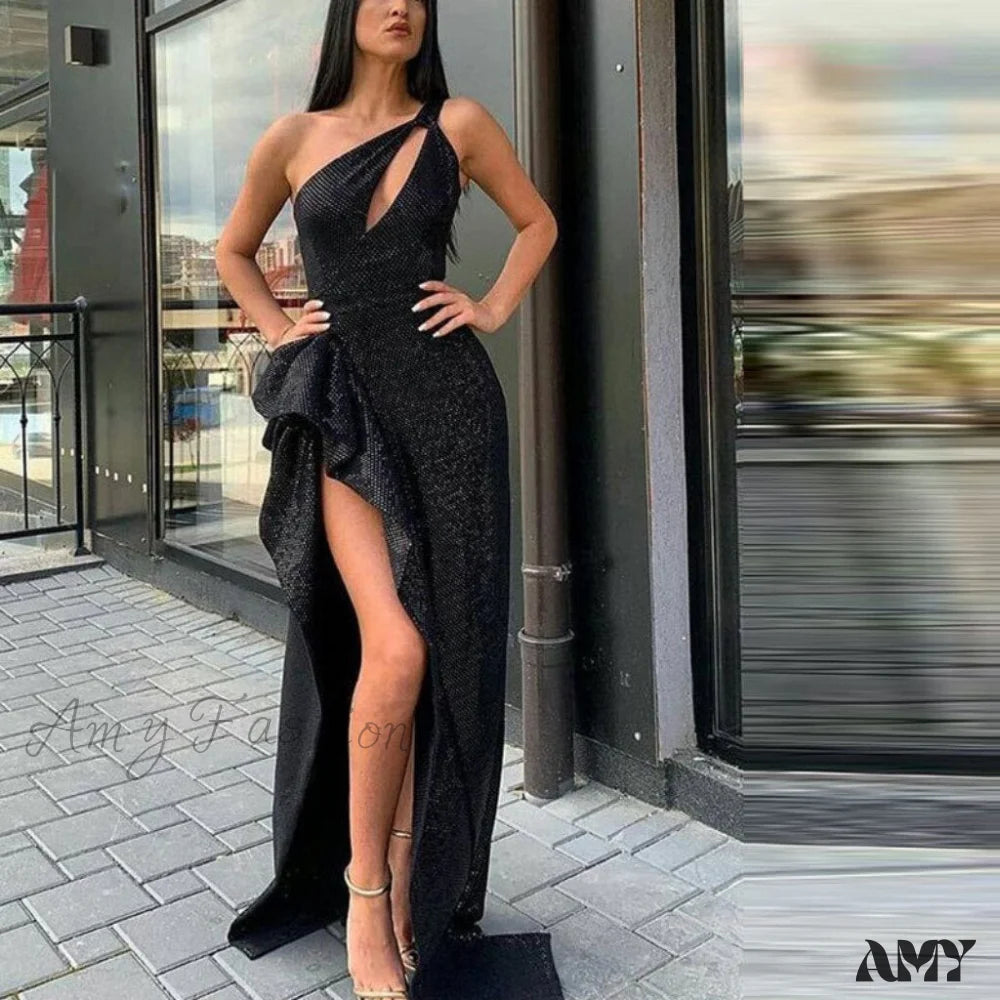 Amy Fashion - One Shoulder Sexy Open Front Bling Asymmetry Party Dress Photo Color / 6