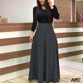 Amy Fashion - Polka Dot Long Sleeve Print Patchwork Maxi Dress