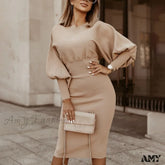Amy Fashion - Puff Sleeve Slim Round Neck Knee Length Office Dress