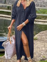 Amy Fashion - Pure Cotton Shirt Casual Elegant Dresses Dark Blue / S