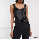 Amy Fashion - Satin Sleeveless Basic Tank Top Black / S