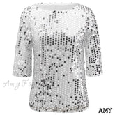 Amy Fashion - Sequined Embroidered Half Sleeve Oversized Shirt