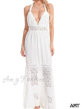 Amy Fashion - Sexy Women Bohemian Sleeveless Backless Halter Lace Patchwork Summer Beach Vacation