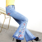 Amy Fashion - Size S-3Xl Elastic Embroidery Flare Blue Vintage Bell Bottom Skinny Wide Leg Denim
