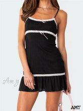 Amy Fashion - Sleeveless Spaghetti Strap Lace Patchwork Summer Party Mini Dress Black / S