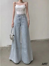 Amy Fashion - Slimming Vintage Flared Loose Fitting High-Waisted Denim Mop Floor Length Jean Light