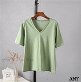 Amy Fashion - Soft Short Sleeve V Neck Tees Green / M