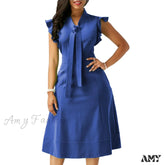 Amy Fashion - Solid Color Tie Ruffled Fly Sleeve Slim Midi Dress