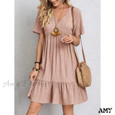 Amy Fashion - Solid V-Neck Short Sleeve Ruffles Boho Dress