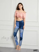 Amy Fashion - Stretch Patchwork Slim Vintage Streetwear Denim Jean