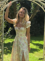 Amy Fashion - Sweet Fairy Short Sleeve Midi Floral High Waist Boho Dress