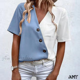 Amy Fashion - V-Neck Short Sleeve Buttons Decor Lady Shirt