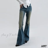 Amy Fashion - Vintage Denim Flare For Women Streetwear High Waist Hit Color Slim Female Autumn 2024