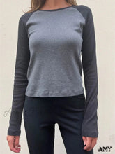 Amy Fashion - Vintage Patchwork Ribbed O-Neck Long Sleeve Tee T-Shirts Grey / S