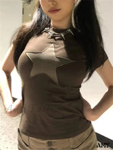 Amy Fashion - Vintage Short Sleeve Kawaii Fairycore Star Pattern Summer Crop T-Shirts Brown / S
