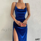 Amy Fashion - Women Velvet Square Neck Cami Strap Midi Dress Blue / S