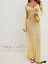 Amy Fashion - Women Vintage Sleeve V Neck See Through Slim Fit Solid Color Party Female Vestidos