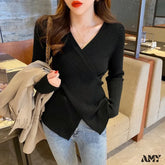 Autumn Knitted Base Solid Color V-Neck Tight Elastic Sexy Sweater Black / One Size