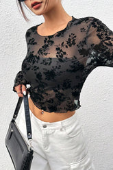 Black Mesh Crewneck Long-Sleeve Sexy Blouse