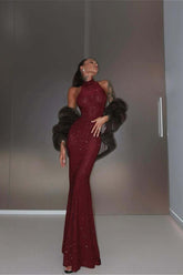 Burgundy Halter Pencil Fishtail Maxi Party Dress