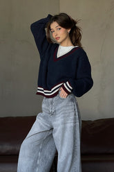 Casual Striped Color Block V-Neck Loose Knit Sweater