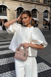 French Style Short Satin Balloon Sleeve Blouse