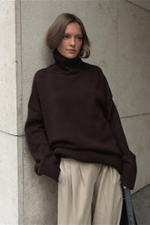 Solid High Neck Slouchy Slim-Fit Knit Sweater