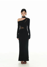 Black Asymmetric Neckline and Lace Inserts Long Evening Gown