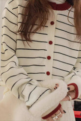 Color Block Stripe Crew Neck Embroidered Cardigan