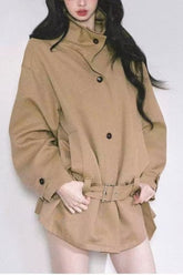 French Hepburn Stand Collar Belted Loose Slim Coat