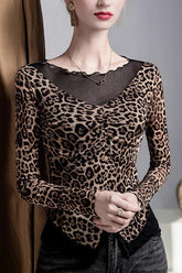 Leopard Print Fake Two-Piece Mesh-Paneled Blouse