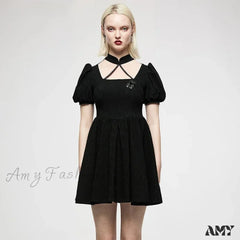 Chinese Style Puff Sleeve Dark Pattern Jacquard Playful Age-Reducing Club Youth Black Gothic Dress