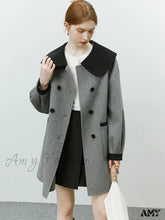 Contrasting Color Navy Collar Double-Sided Vintage Mid-Length Woolen Coat