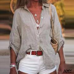 Cotton Linen Solid Color Short Sleeve Cardigan Blouse