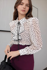 Polka Dot Bow-Tie Long-Sleeve Chic Blouse