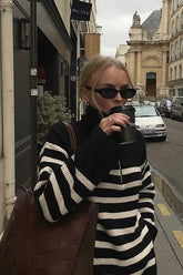 Laid-back Retro Lapel Half-zip Striped Sweater