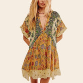 Flowy Print Deep V Neck Ruffle Boho Dress