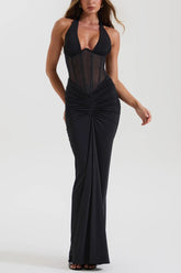 Halter Mesh Paneled Pencil Maxi Party Dress