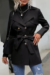 Solid Double-Breasted Tie Waist Mid-Length Trench Coat