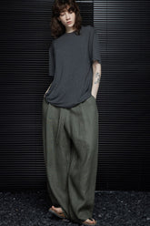 Green Linen High Waist Draped Wide Leg Pants