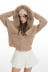 Fuzzy Collar Slim Hooded Short Knit Cardigan